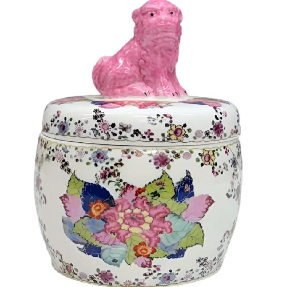 Tobacco Leaf Jar with Pink Foo Dog Lid – 6"